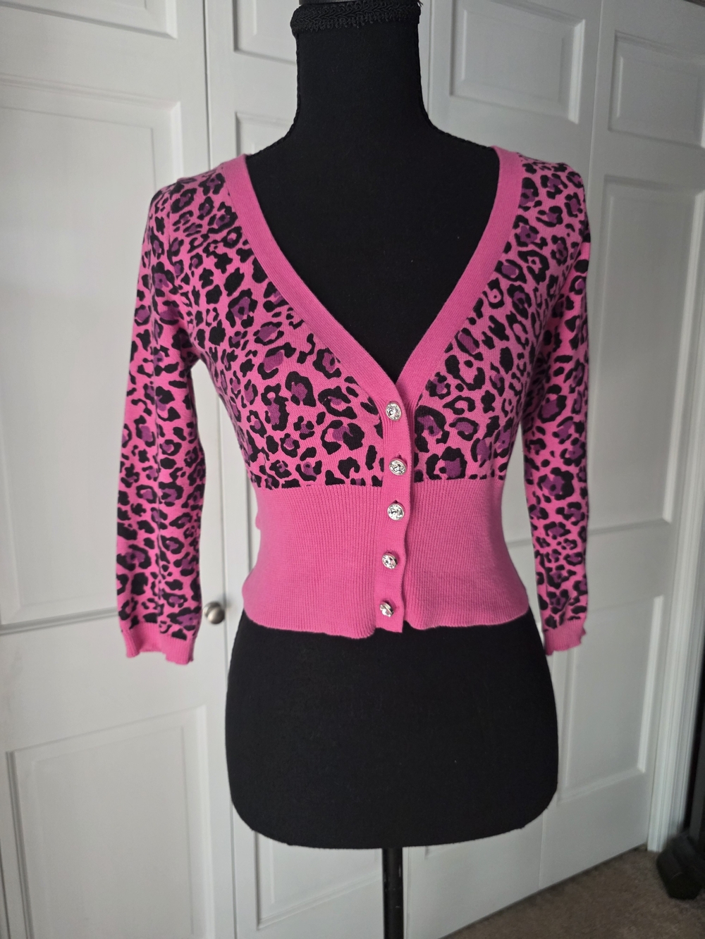 Vintage Betsey Johnson Pink Leopard Cardigan Medium 90s Y2K McBling Cute